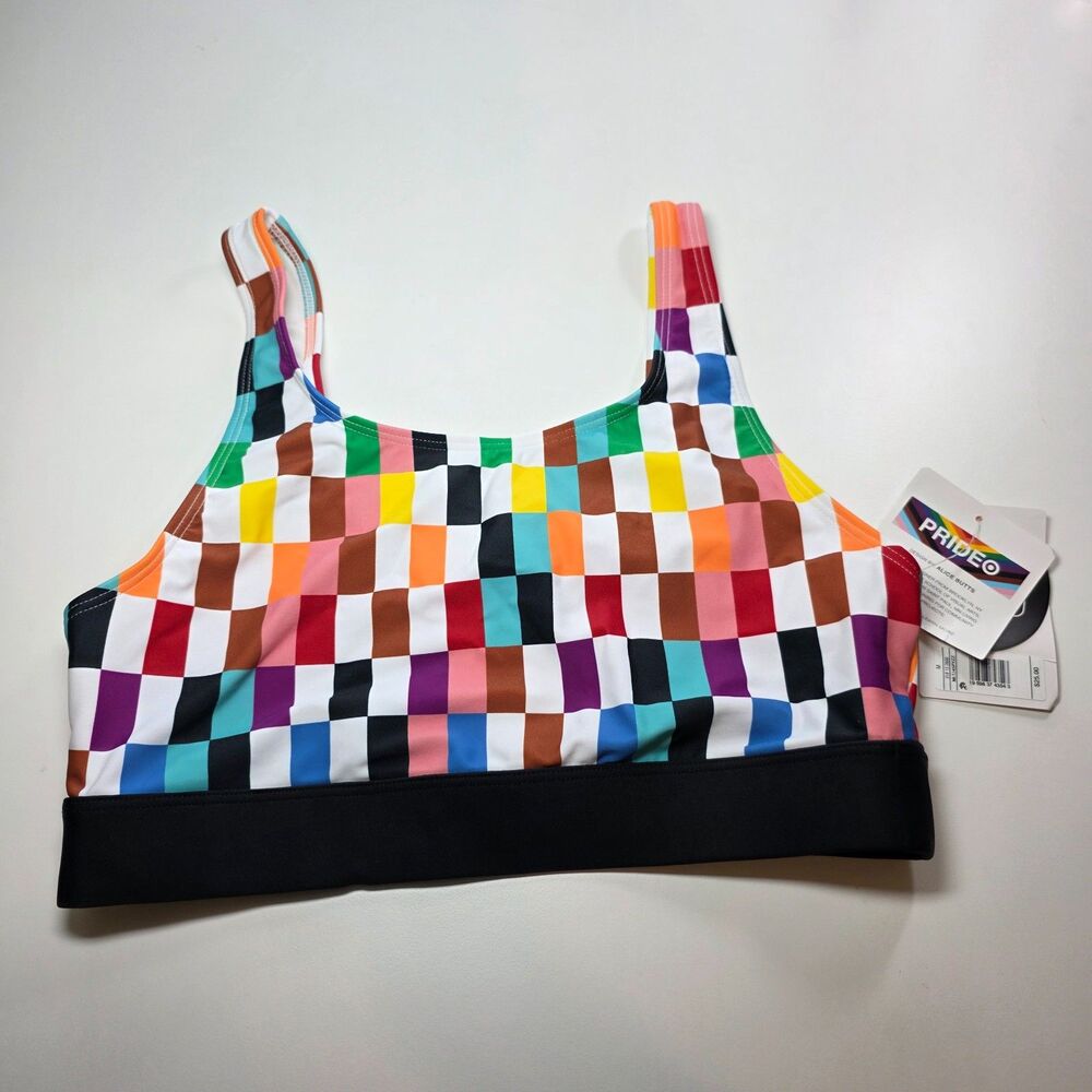 NWT Alice Butts Rainbow Checkered Swim Top Pride Target Collab Binding Effect M
